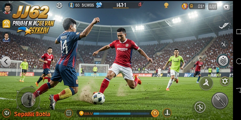 Screenshot gameplay JJ62 menunjukkan pertandingan sepak bola yang intens dan mendebarkan.
