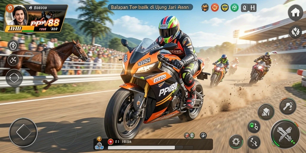 Tampilan gameplay seru di PPV88 dengan balapan motor yang mendebarkan.