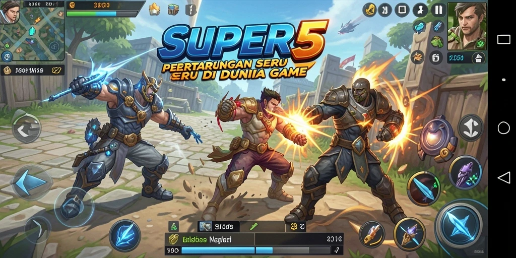 Tangkapan layar <strong>SUPER5</strong> menampilkan karakter-karakter yang bertarung dengan intensitas tinggi.